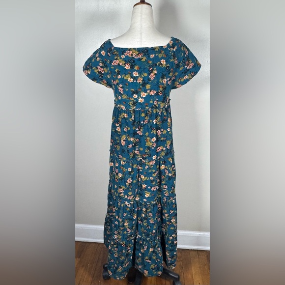 Natural Life Sz S Berkley Corduroy Teal Blue Square Neck Short Sleeve Maxi Dress - Picture 8 of 11